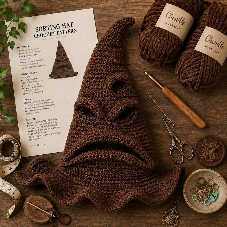 May include: A brown crocheted sorting hat with a pointed top and a wide, wavy brim. The hat features a face-like design with a folded mouth and eye creases. Beside it are two skeins of brown chenille yarn, a wooden crochet hook, scissors, and a pattern.