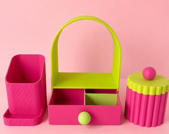 3D Printed Arched Desk Organizer | Modern Vanity Storage with Drawer & Compartments