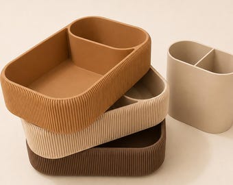 3D Printed Desk Organizer Set – Minimalist Ribbed Storage Tray, Office Vanity Organizer