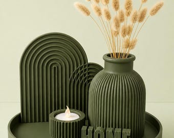 3D Printed Boho Home Decor Set | Ribbed Vase, Arch, Tray, Candle Holder (Housewarming Gift)