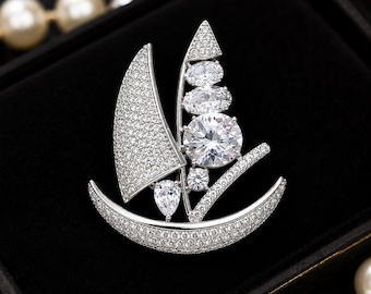 Silver Tone Rhinestone Sailboat Brooch, Sparkling Nautical Ship Lapel Pin