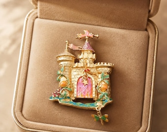 Fairytale Castle Brooch Gold Enamel Pin Fantasy Princess Jewelry Whimsical Magic Lapel Pin
