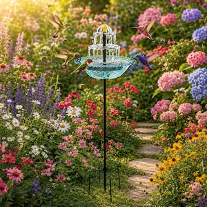 May include: A three-tiered glass birdbath fountain with a black metal stand, featuring cascading water and a scalloped edge basin. The fountain is surrounded by a vibrant garden filled with pink, blue, and white flowers and flying hummingbirds.