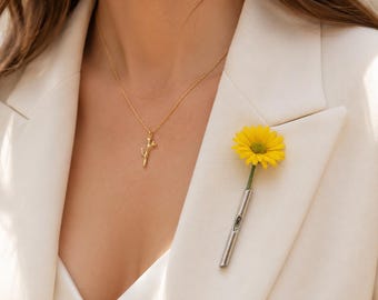 Minimalist Silver Lapel Vase Brooch Tussie Mussie Flower Holder Pin
