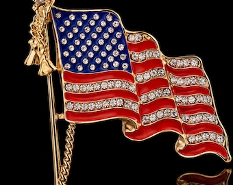 Rhinestone American Flag Brooch Pin, Patriotic USA Lapel Jewelry, Gold Tone Coat Scarf Pin