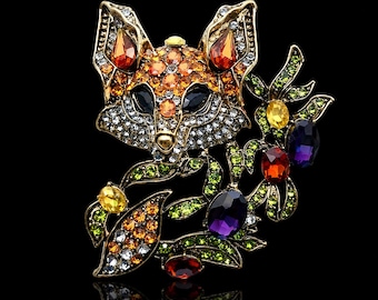 Rhinestone Fox Brooch, Colorful Crystal Animal Jewelry, Vintage Floral Scarf Pin