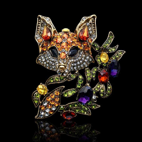 Broche de zorro con diamantes de imitación, joyería de animales de cristal coloridos, broche de bufanda floral vintage