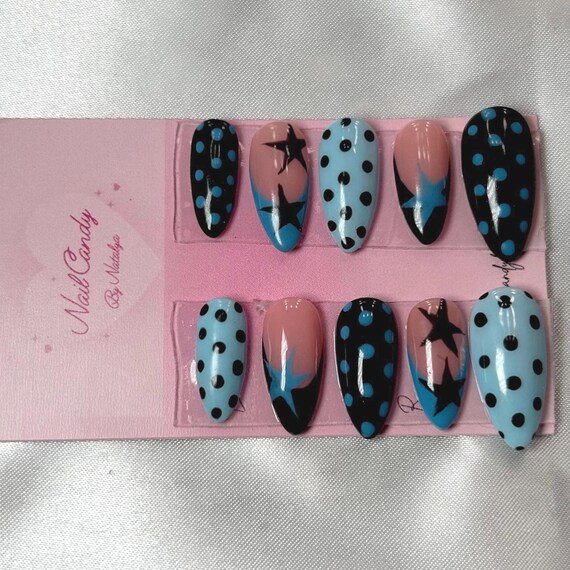 Black and blue polka dot press on nail set | medium length almond shape | reinforced with builder gel for durability | high quality products