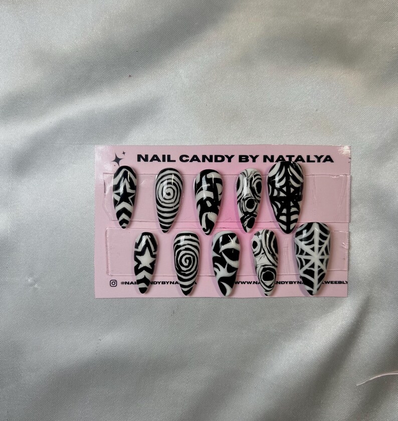 Alternative black and white press on nail set | square shape | reinforced with builder gel for durability | high quality products | nail art image 1