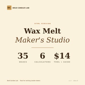 May include: A beige graphic with the text "Wax Melt Maker's Studio." The image includes the numbers 35, 6, and $14, with labels for waxes, calculators, and tool + guide. The Bold Candles Lab logo is in the top left corner.