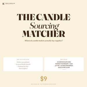Op de afbeelding: Crèmekleurige afbeelding met de tekst "THE CANDLE Sourcing MATCHER" in bruin. Vraagt: "Waar kopen kaarsenmakers eigenlijk hun benodigdheden?" Lijst "Endless spreadsheets" en "93 Verified Suppliers". Prijs: $9.
