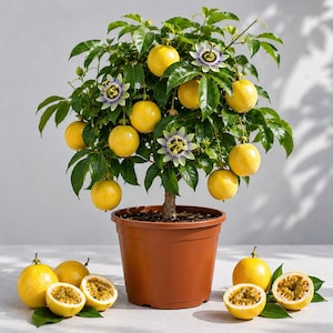 May include: A potted passion fruit plant with glossy green leaves, round yellow fruits, and intricate purple and white flowers. Several whole and halved yellow passion fruits with visible seeds are arranged around the base of the brown plastic pot.