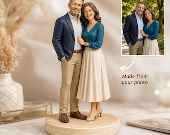 Figura de pareja de arcilla personalizada a partir de una foto, estatua 3D personalizada, regalo de aniversario, base de madera.