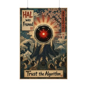 May include: Poster with a Japanese woodblock print style. The image features a red-eyed computer, with the text "HAL was Framed" and "Trust the Algorithm". The background includes a wave, Mount Fuji, and cherry blossoms.