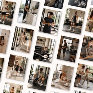 Puede incluir: Una colección de fotografías que muestran a personas realizando diversas actividades físicas en un gimnasio, incluyendo levantamiento de pesas, estiramientos y caminatas, con ropa deportiva como leggings, pantalones cortos y camisetas.