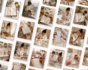 Puede incluir: Un collage de fotografías que muestra a una persona con una bata blanca realizando diversas actividades como escribir en un diario, beber de una taza y trabajar en un escritorio, todo dentro de una estética neutra, clara y suave.