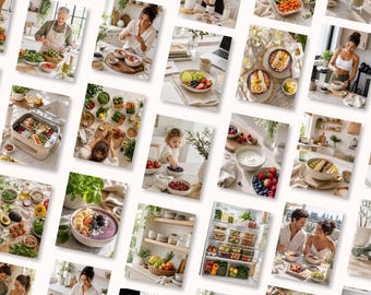 Puede incluir: Un collage de varias fotografías que representan la preparación de alimentos saludables, ingredientes frescos, coloridos tazones de batidos, recipientes de almacenamiento organizados en el refrigerador y personas disfrutando de comidas nutritivas en cocinas luminosas.