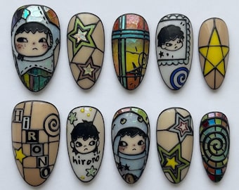 Hirono Nails Stained Glass Press On Nails Cute 3D Pop Mart Nails Kawaii Art Toy Nails Summer Luxury Fake Nails Popmart Gift Nails