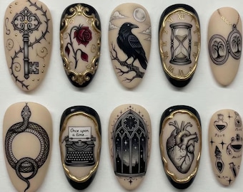 Gothic Dark Academy Press On Nails Handmade Custom Fake Glue On Nails 3D Raven Rose Ouroboros Snake Hourglass Typewriter Gold Beige Black