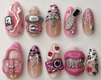 Y2K Gyaru Press On Nails McBling Handmade Nails Custom Fake Nails 3D Flip Phone Camera Purse Lips Headphones Cross Butterfly Pink Silver