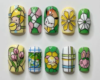 Sanrio Press On Nails Stained Glass Cute 3D Hello Kitty Nails Kawaii Pochacco Nails Summer Green Fake Nails Flower Garden Gift Nails