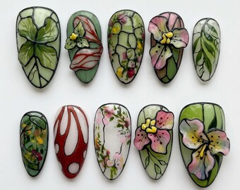 Art Nouveau Nails Stained Glass Press On Nails Cute 3D Floral Nails Kawaii Green Leaf Nails Summer Cottagecore Fake Nails Flower Gift Nails