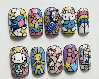Hello Kitty Nails Stained Glass Press On Nails Cute 3D Pochacco Nails Kawaii Sanrio Nails Summer Cartoon Fake Nails Rainbow Gift Nails
