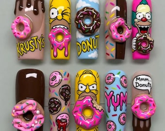 The Simpsons Press On Nails Handmade Custom Fake Glue On Nails 3D Donuts Homer Simpson Krusty The Clown Drip Chocolate Pink Yellow Blue