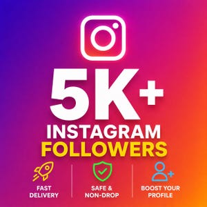 Può includere: Una grafica digitale che mostra il logo bianco di Instagram sopra il testo bianco in grassetto 5K+ INSTAGRAM FOLLOWERS in giallo. Sotto ci sono tre icone: un razzo giallo con FAST DELIVERY, uno scudo verde con SAFE & NON-DROP e un'icona utente blu.
