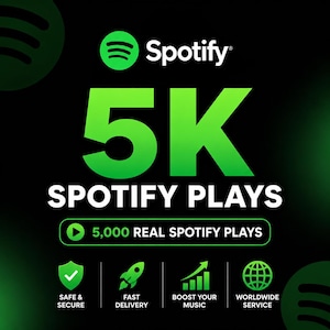 May include: A digital graphic on a black background featuring the Spotify logo in green and white. Large green text reads 5K SPOTIFY PLAYS, followed by a button with the text 5,000 REAL SPOTIFY PLAYS. Four icons represent safe, fast, growth, and global service.