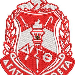 May include: An embroidered crest featuring a red and white shield with a central torch, a sword, and a staff. The Greek letters Delta, Sigma, and Theta are prominently displayed in the centre and on a banner at the bottom, surrounded by laurel leaves.