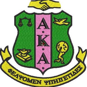 May include: An embroidered crest featuring a green shield with a central pink vertical stripe containing the black letters A.K.A. The shield displays a scale, a bird, a lamp on a book, and a figure holding a globe. A yellow banner with Greek text sits below, and yellow hands shaking are at the top.