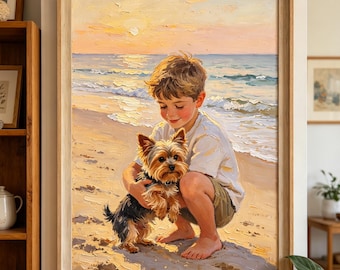 May include: An oil painting in a light wood frame depicting a child crouching on a sandy beach at sunset, holding a small Yorkshire Terrier. The scene features soft golden light, ocean waves in the background, and textured brushstrokes throughout.