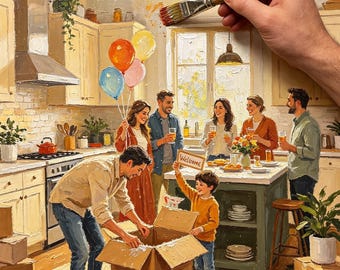 Dipinto ad olio su misura, ritratto personalizzato disegnato a mano da foto, incorniciato, ideale come regalo per inaugurazione di una nuova casa, riunione di famiglia o come ricordo.