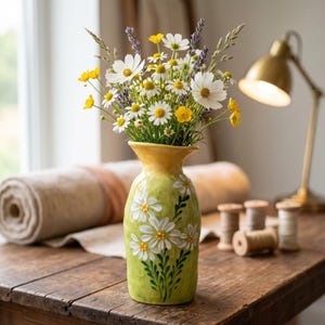 May include: A ceramic vase with a light green and yellow gradient finish, featuring hand-painted white daisy flowers with yellow centers and green stems. The vase is filled with a bouquet of fresh white daisies, yellow buttercups, and purple lavender.