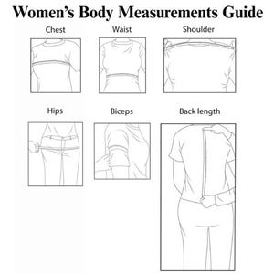May include: A black and white instructional chart titled Body Measurements Guide. It features six line-art diagrams showing how to measure the chest, waist, shoulder, hips, biceps, and back length using a measuring tape on a human figure.