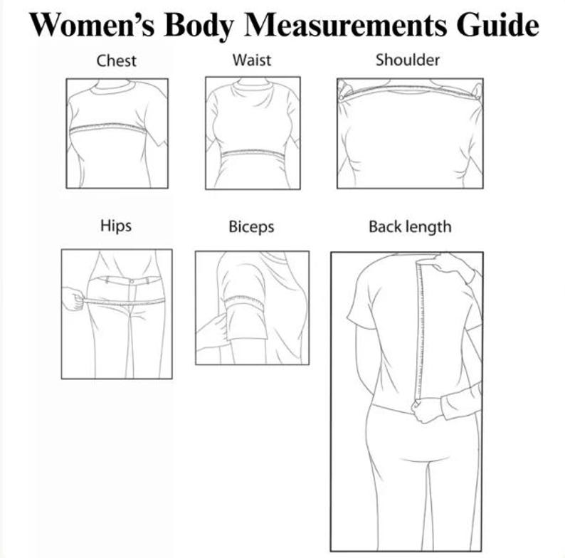 May include: A black and white instructional chart titled Body Measurements Guide. It features six line-art diagrams showing how to measure the chest, waist, shoulder, hips, biceps, and back length using a measuring tape on a human figure.