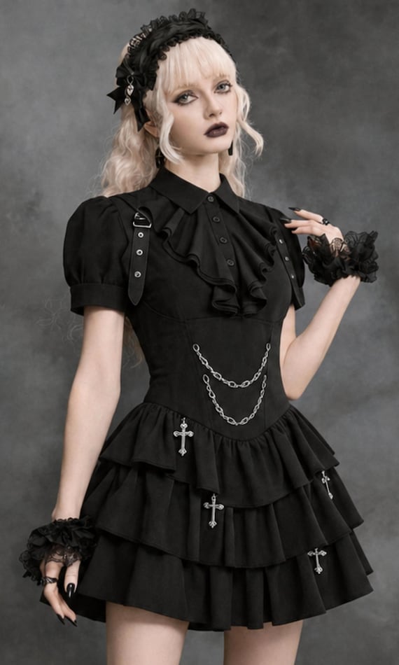 short black gothic dress Dark Romantic Mini | Victorian Cosplay Outfit | Roleplay Skater Dress Material:Soft Satin Tulle and Lace and special events Group:Spring Pnina Tornai Couture Bridal