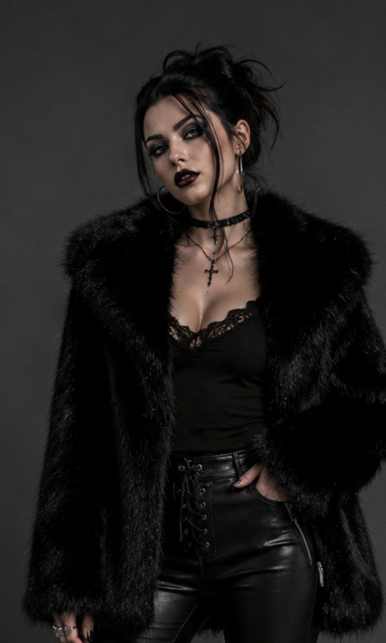 May include: A black faux fur coat worn over a black camisole with lace trim, paired with black leather-look pants featuring a front lace-up detail. The outfit is accessorized with a black choker and a necklace featuring a cross pendant.