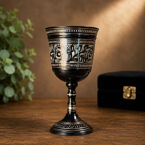 May include: A black metal goblet featuring intricate gold-toned etched floral patterns around the bowl and horizontal line detailing on the rim and base. The stem is slender with a flared foot, showcasing a contrasting metallic finish throughout.