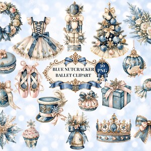 Peut inclure: Une collection d'illustrations numériques comprenant un casse-noisette bleu, des chaussons de danse, un sapin de Noël décoré, une couronne, un cadeau, des boules, un cupcake, un macaron et un nœud, avec le texte BLUE NUTCRACKER BALLET CLIPART.