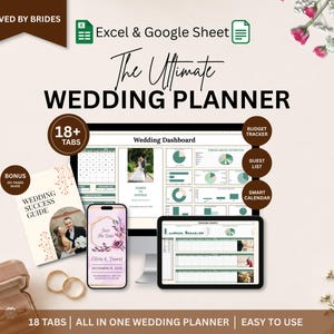 May include: A digital wedding planner with the text "The Ultimate Wedding Planner." The image includes a computer monitor, tablet, and smartphone displaying planner pages. A bonus guide and rings are also shown. The planner has 18+ tabs and is easy to use.