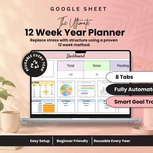 May include: A digital 12 Week Year Planner Google Sheet displayed on a laptop screen. The interface features a dashboard with a calendar, pie charts, bar graphs, and progress bars. Text includes 8 Tabs, Fully Automated, and Smart Goal Tracking.