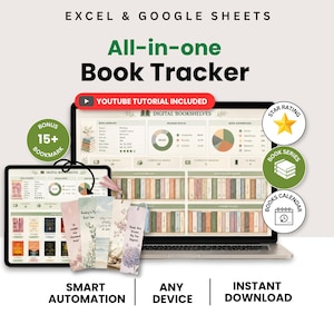 May include: A digital book tracker for Excel and Google Sheets displayed on a laptop and tablet screen. The interface features a digital bookshelf, reading status charts, and book summaries. Includes bonus bookmarks and tutorial icons.