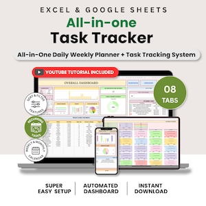 May include: An Excel and Google Sheets all-in-one task tracker digital template featuring an overall dashboard, project planner, and 08 tabs. Includes a YouTube tutorial, sort and filter features, recurring tasks, and a weekly and monthly calendar.