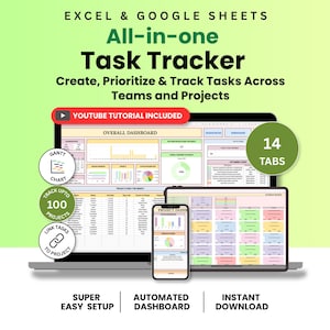Puede incluir: Una plantilla digital de seguimiento de tareas todo en uno para Excel y Google Sheets mostrada en una computadora portátil, tableta y teléfono inteligente. La interfaz incluye un panel general, 14 pestañas, diagramas de Gantt y seguimiento.