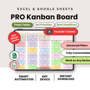 May include: A digital Kanban board template for Excel and Google Sheets displayed on a tablet screen. The interface features colorful task columns, with labels including Track Tasks, Set Priorities, Beat Deadlines, Advanced Filters, and Youtube Tutorial.