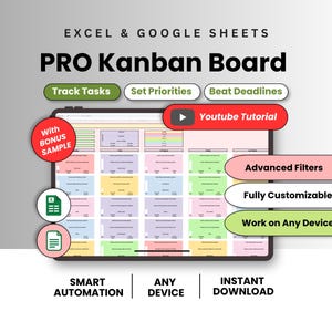 May include: A digital Kanban board template for Excel and Google Sheets displayed on a tablet screen. The interface features colorful task cards, columns, and labels. Text overlays include "PRO Kanban Board," "Youtube Tutorial," and "With BONUS SAMPLE."