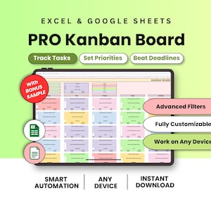 Hoja de cálculo Kanban para seguimiento de tareas, gestor de tareas en Excel, gestión de proyectos, planificador en Google Sheets, Kanban para pequeñas empresas, seguimiento de proyectos
