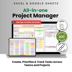 Puede incluir: Una herramienta digital de gestión de proyectos para Excel y Google Sheets mostrada en una pantalla de portátil y tableta. La interfaz presenta un panel general con gráficos, listas de tareas y seguimiento de proyectos. El texto incluye "All-in-one Project Manager" y "YOUTUBE TUTORIAL INCLUDED".